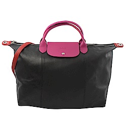 LONGCHAMP Le Pliage Cuir 拼色小羊皮短把兩用包(黑桃