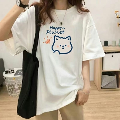 La Belleza圓領貓咪印花棉質長版寬鬆T恤