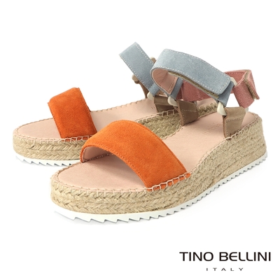 Tino Bellini 西班牙進口繽紛色調牛麂皮麻邊厚底涼鞋-橘