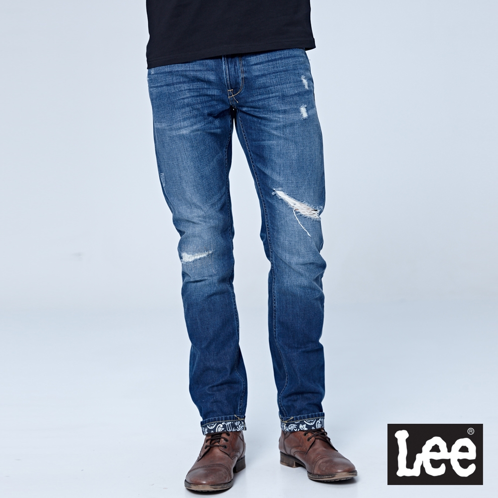 Lee 男款 涼感 726 刷破中腰舒適小直筒牛仔褲 中藍洗水