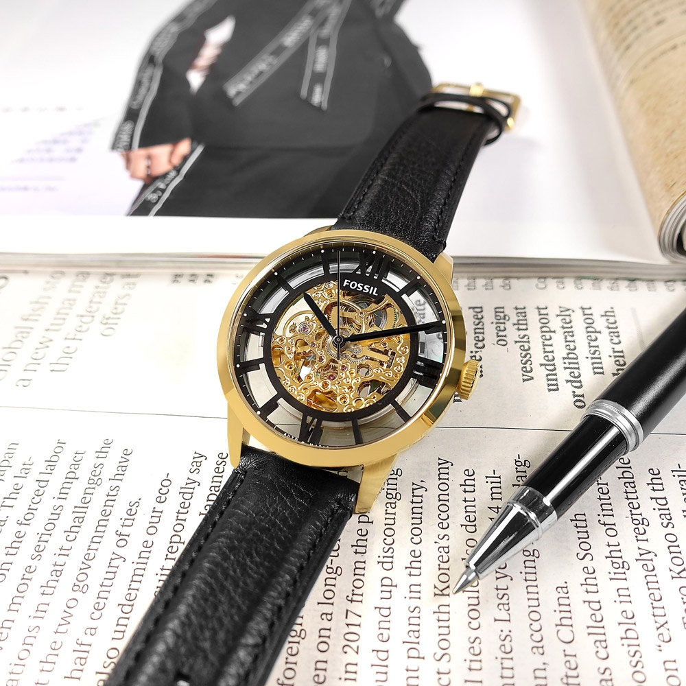 FOSSIL / 機械錶 自動上鍊 鏤空 羅馬刻度 真皮手錶-黑金色/44mm