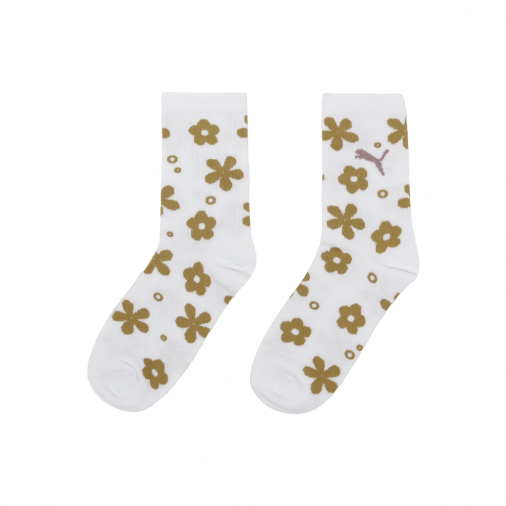 Puma 休閒襪 Fashion Crew Socks 女款 白 黃 花花 中筒襪 長襪 襪子 BB147204