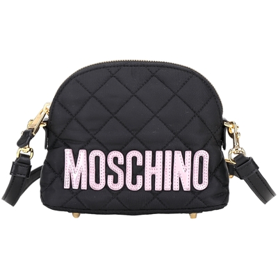 MOSCHINO 粉字母絎縫尼龍可拆背帶手拿/斜背貝殼包(黑色)