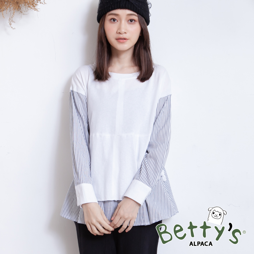 betty’s貝蒂思　圓領假兩件條紋拼接T-shirt(白色)