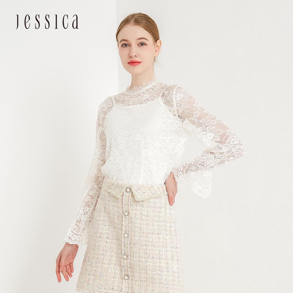 JESSICA - 白色鏤空透膚蕾絲浪漫百搭立領套頭上衣