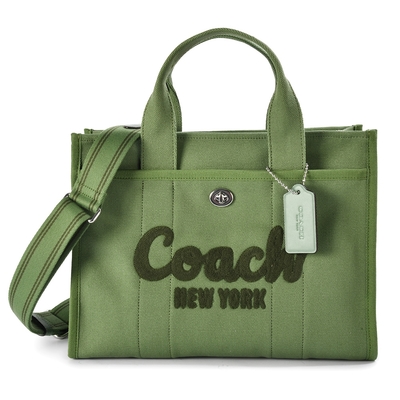 COACH 專櫃款 CARGO 草寫LOGO 經典帆布手提/斜背兩用托特包-綠色