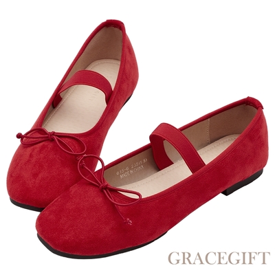 【Grace Gift】浪漫圓頭蝴蝶結平底芭蕾舞娃娃鞋 正紅