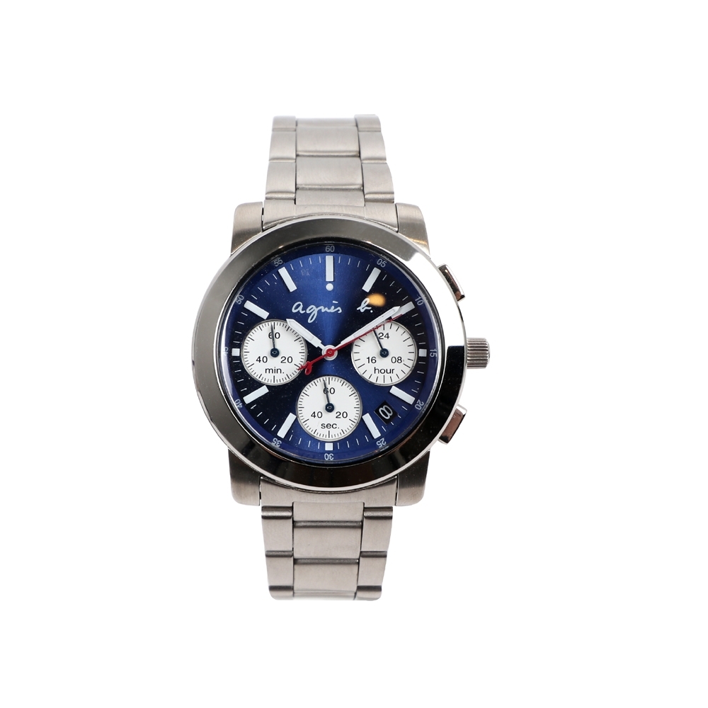 agnes b.三眼計時腕錶-藍x銀/38mm