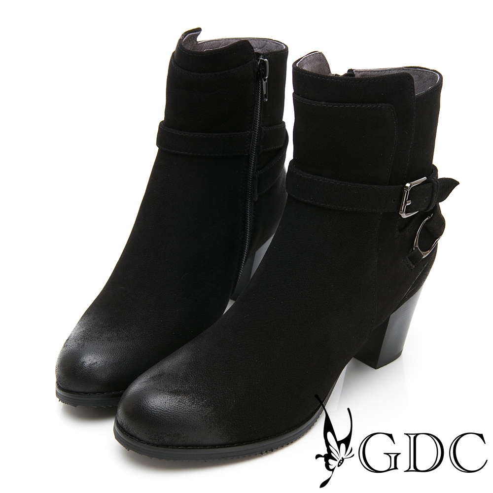 GDC-真皮素色基本側扣環帥氣風擦色粗跟短靴-黑色