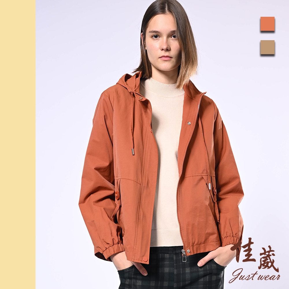 【佳葳Justwear】工裝風抽繩連帽棉質外套 2色(女上衣/女上著/長袖/口袋/素色)