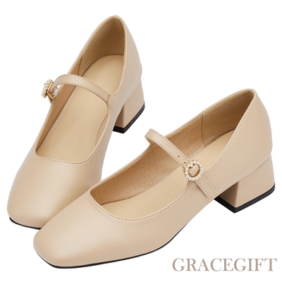 【Grace Gift】素面珍珠圓釦細帶中跟瑪莉珍鞋 深杏