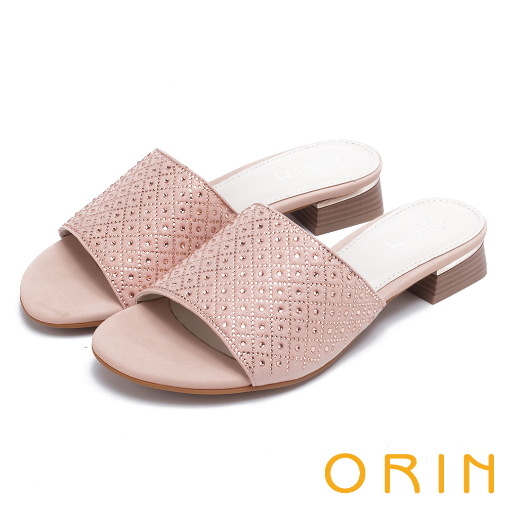 ORIN 魅力新時尚 寬版一字布面燙鑽低跟拖鞋-粉紅