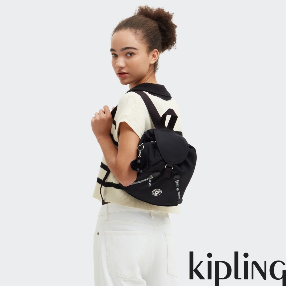 Kipling 質感極致黑雙拉鍊實用後背包-NEW FUNDAMENTAL S