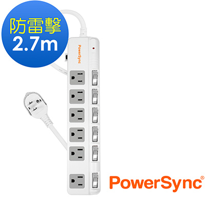 群加 PowerSync 六開六插防雷擊斜面開關延長線2.7m(TPS366BN9027)