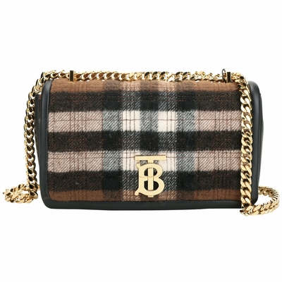 BURBERRY Lola TB羊絨格紋拚羊皮鍊帶肩背/斜背包(黑色)