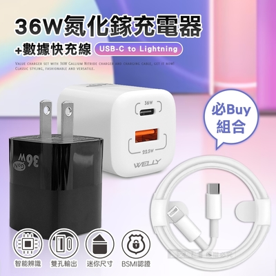 【超值下殺】WELLY 36W氮化鎵GaN PPS雙孔迷你充電器+USB-C to Lightning PD數據快充線