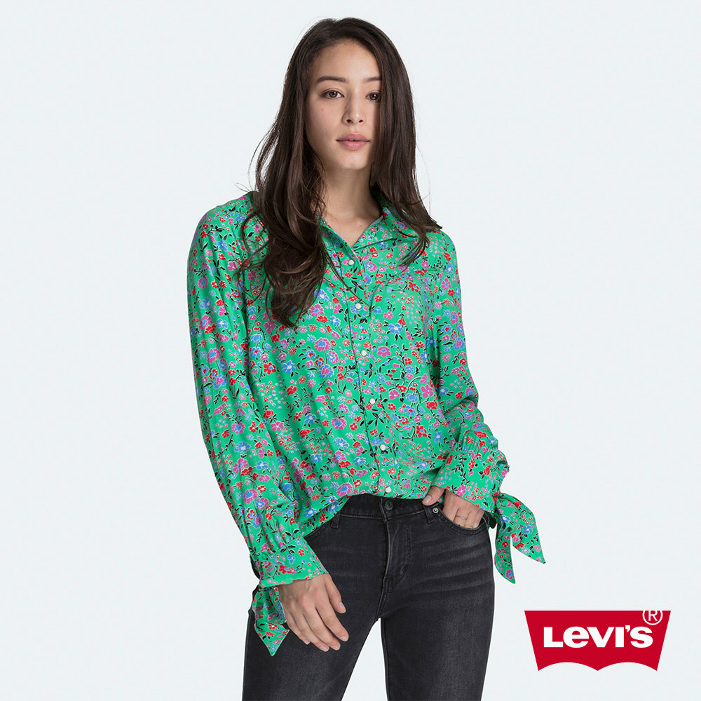 Levis 女款 長袖襯衫 復古扶桑花紋 扣壓式珍珠釦 蝴蝶結袖口