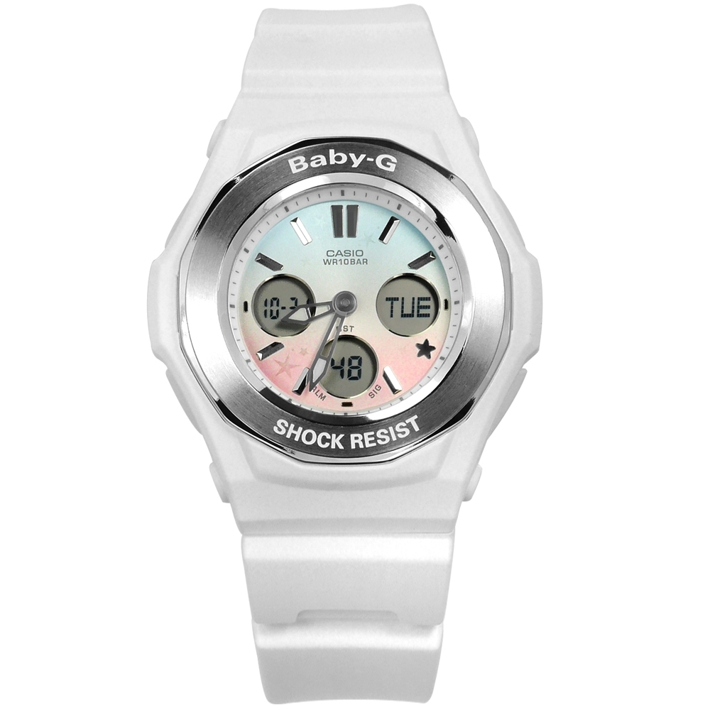 Baby-G CASIO 卡西歐 漸層粉嫩數位雙顯錶-白粉藍色/37mm