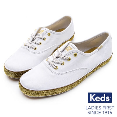 Keds CHAMPION 金蔥滾邊帆布綁帶休閒鞋-白/金