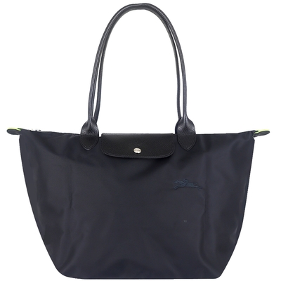 longchamp le pliage 黑色再生尼龍皮邊刺繡折疊長把水餃包(大)