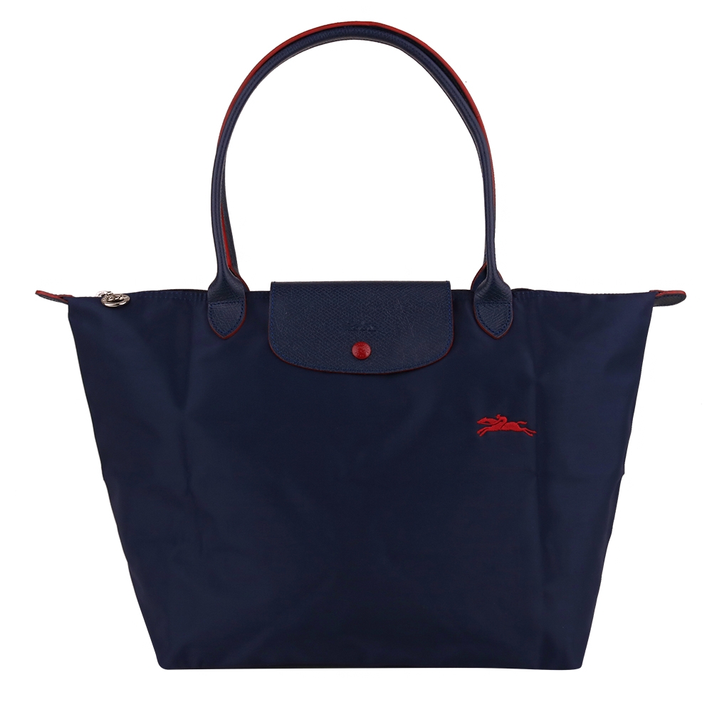 LONGCHAMP  LE PLIAGE小馬logo長把尼龍手提包/深藍L