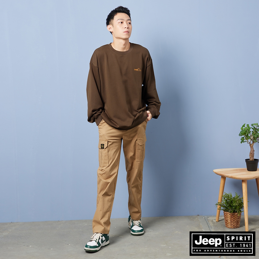 JEEP 男裝 寬版休閒工作長褲-卡其色