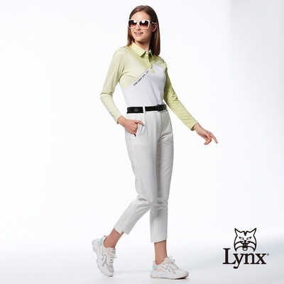 【Lynx Golf】女款日本進口布料彈性舒適西褲造型開杈設計拉鍊口袋窄管八分褲-白色