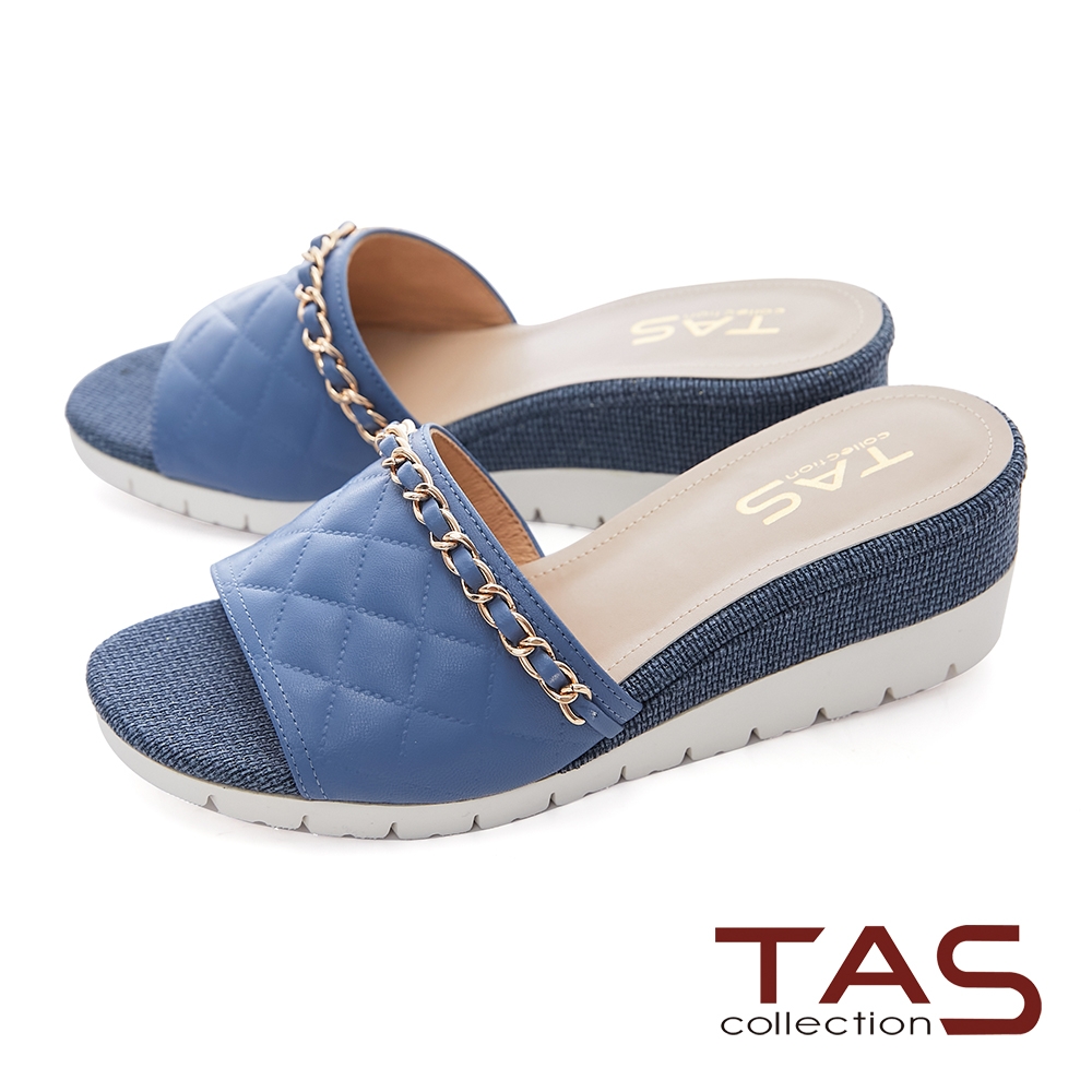 TAS金屬鍊拼接菱格羊皮壓紋楔型拖鞋-深海藍