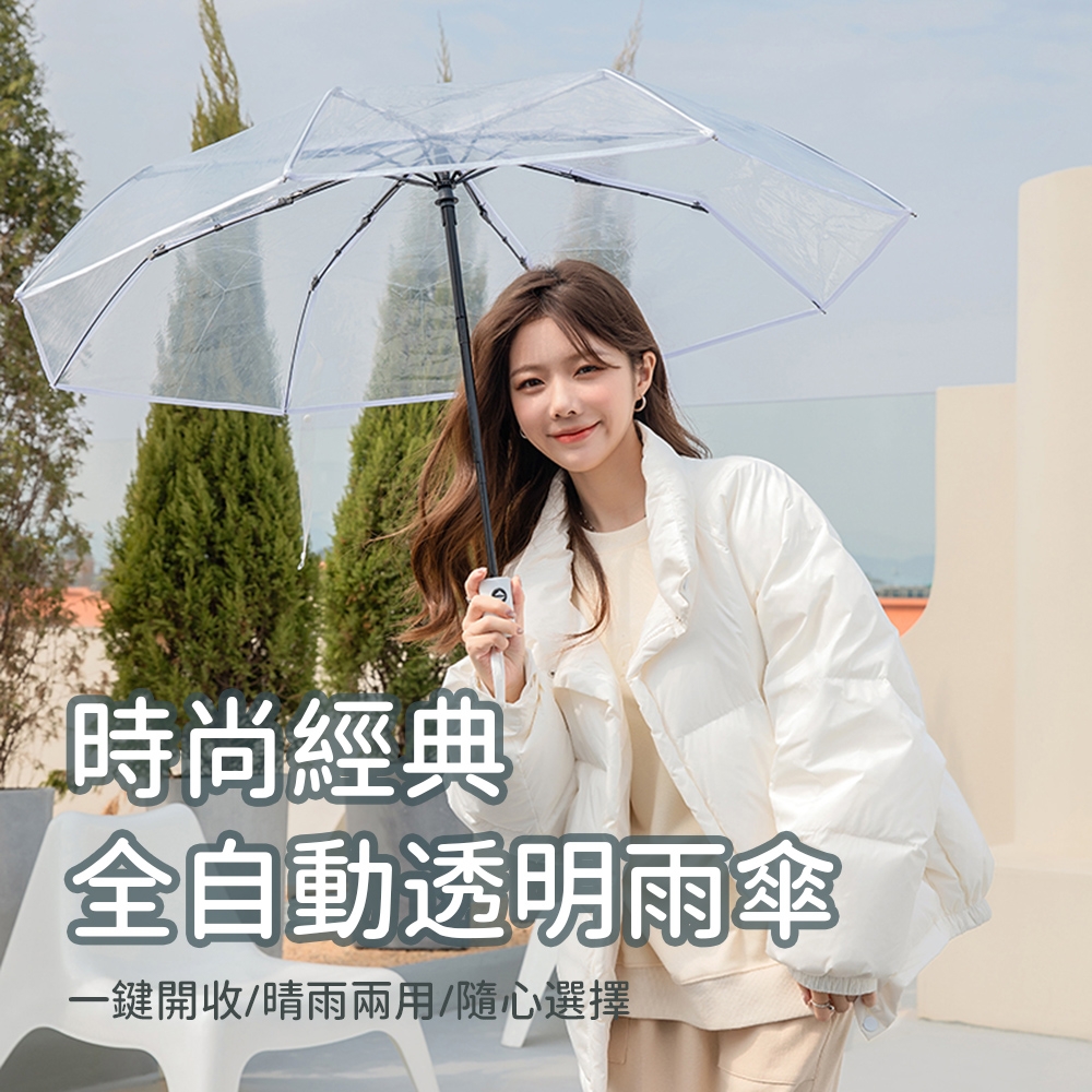 OMG 時尚透明雨傘 加厚折疊三折傘 自動開合傘 IG熱門雨傘