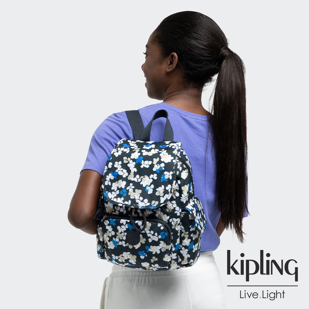 Kipling 清新手繪碎花拉鍊掀蓋後背包-CITY PACK MINI