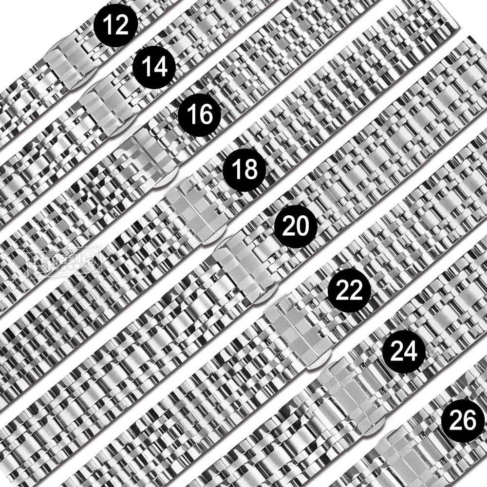 Watchband / 12.14.16.18.20.22.24.26mm / 各品牌通用 亮光色澤 蝴蝶雙壓扣 不鏽鋼錶帶-銀色