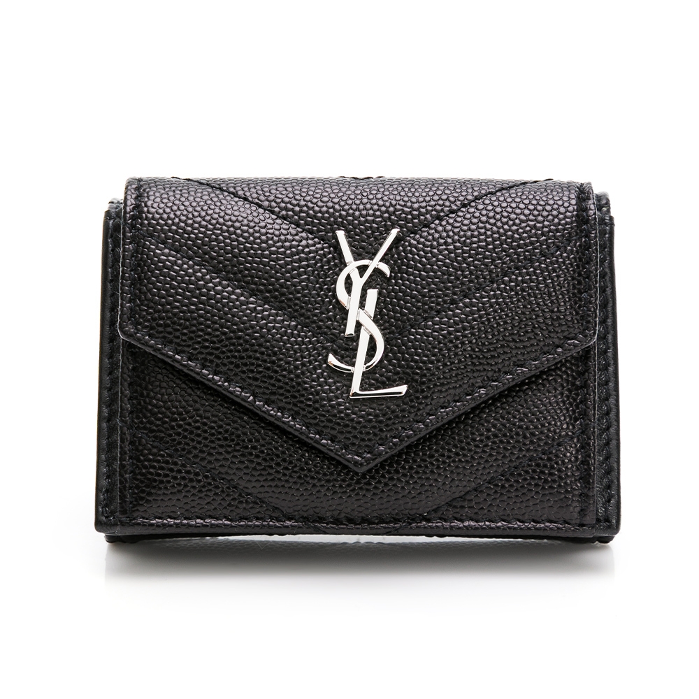 Saint Laurent YSL 魚子醬銀LOGO山形紋 信封迷你三折短夾