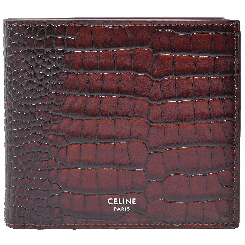 CELINE Logo Bi-Fold Wallet 小牛皮鱷魚皮壓紋燙金LOGO對折零錢短夾(深棕色)