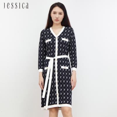 JESSICA - 優雅小香風菱格紋V領針織洋裝J30432