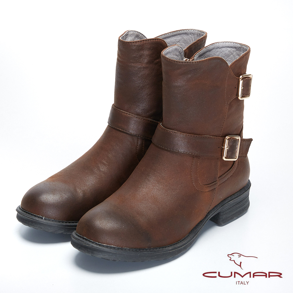 【CUMAR】率性柔美-透氣布面拼接扣環機車短靴