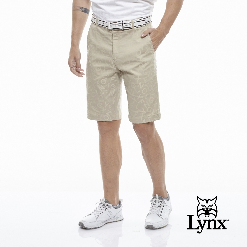 【Lynx Golf】男款Lynx字樣緹織設計平口休閒短褲-卡其色