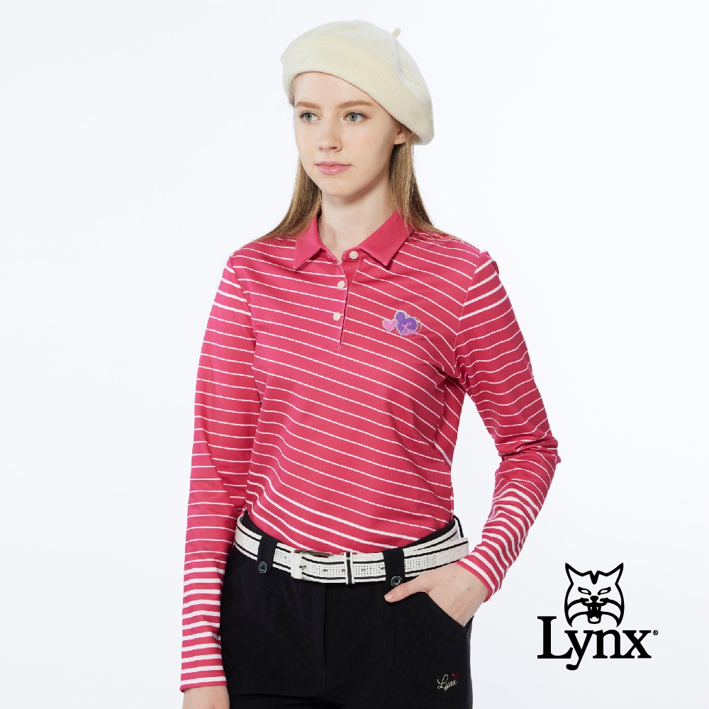 【Lynx Golf】女款合身版吸排抗UV內刷毛斜條紋後背愛心印花長袖POLO衫-桃紅色