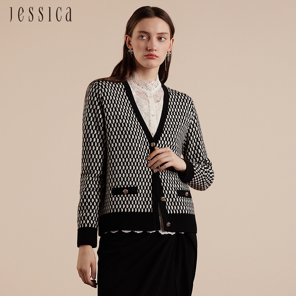 JESSICA - 百搭幾何圖案V領紐扣針織外套J30579（黑）