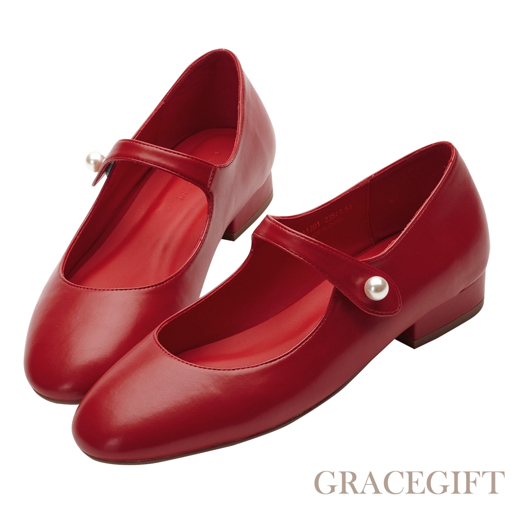 【Grace Gift】甜美氣質珍珠平底瑪莉珍鞋 正紅