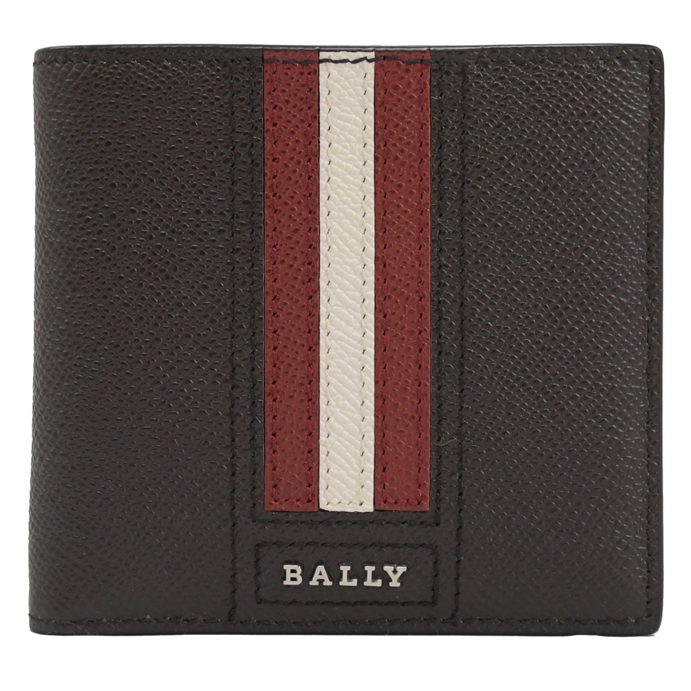 BALLY 金屬LOGO紅白紅織帶牛皮對開零錢短夾(深咖)