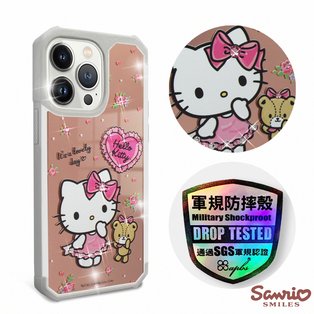 三麗鷗 Kitty iPhone 13 Pro 6.1吋軍規防摔鏡面水晶彩鑽手機殼-凱蒂好心情