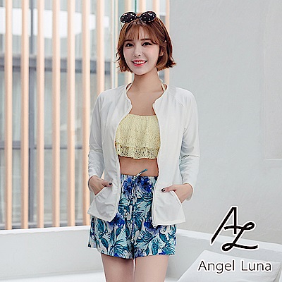 【AngelLuna日本泳裝】黃色荷葉水母衣外套四件式比基尼泳衣