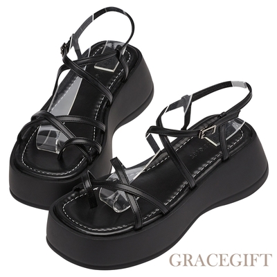 【Grace Gift】交叉細帶雪糕厚底涼鞋 黑