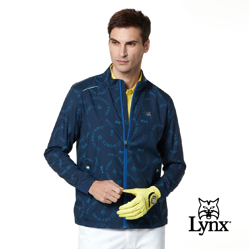 【Lynx Golf】男款滿版Lynx LXG印花矽膠皮標拉鍊口袋長袖外套-深藍色