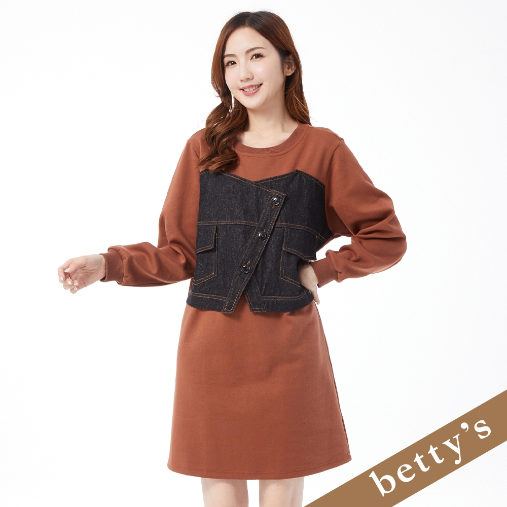 betty’s貝蒂思　牛仔馬甲拼接膝上洋裝(咖啡色)