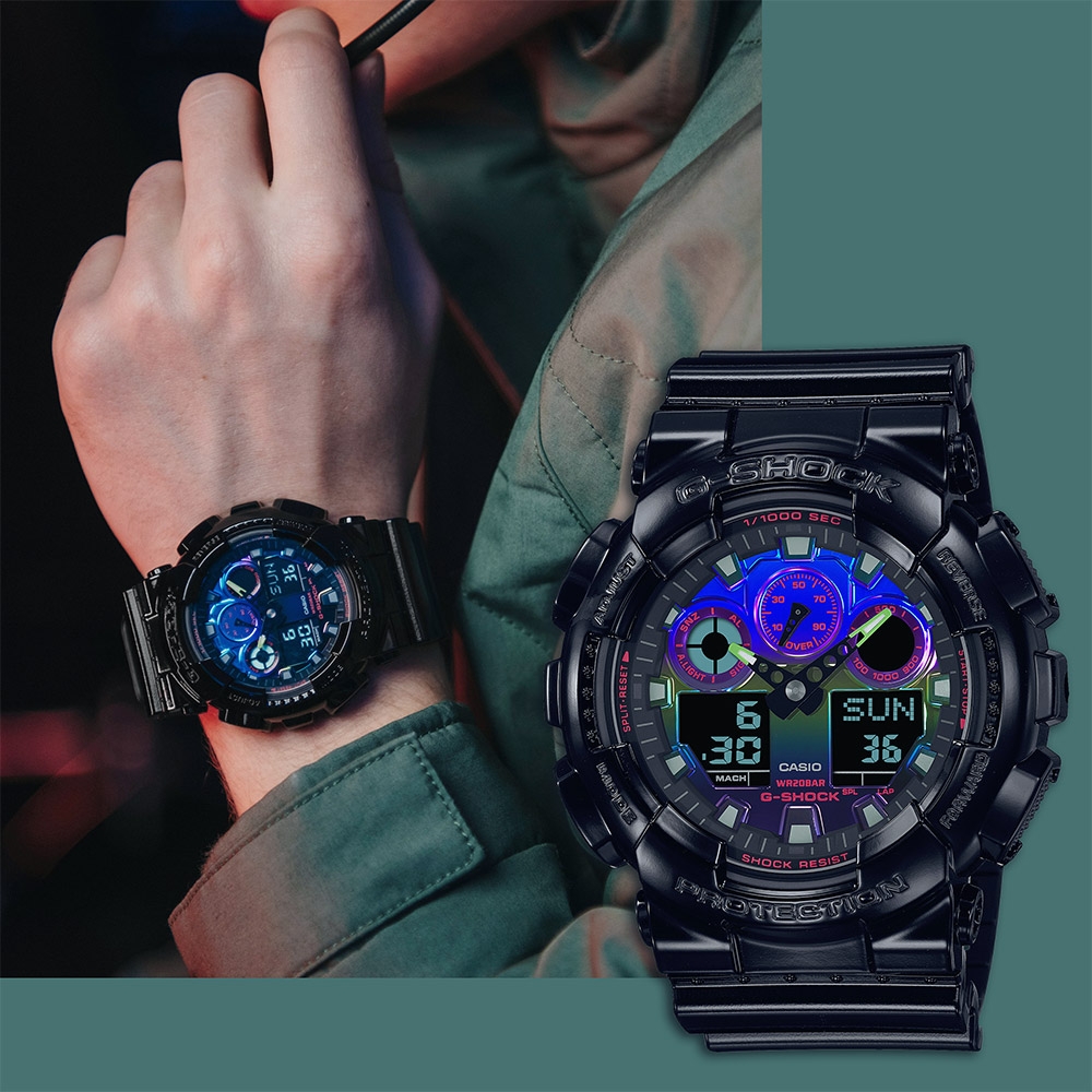 CASIO 卡西歐 G-SHOCK AI 探索虛擬彩虹系列雙顯手錶 送禮推薦 GA-100RGB-1A