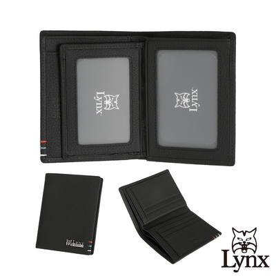 【Lynx】美國山貓自然紋進口牛皮直立短夾皮夾錢包 5卡/透明窗-黑色