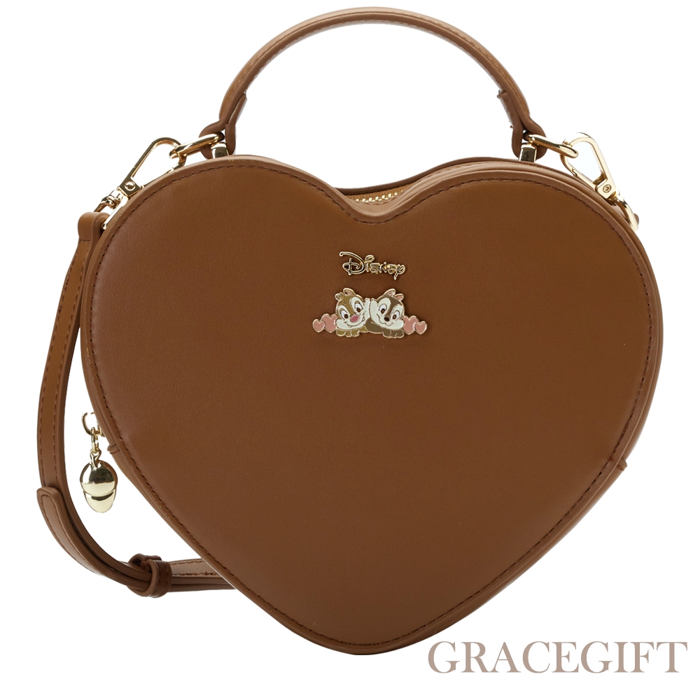 【Grace Gift】迪士尼奇奇蒂蒂款愛心手提斜背包 棕