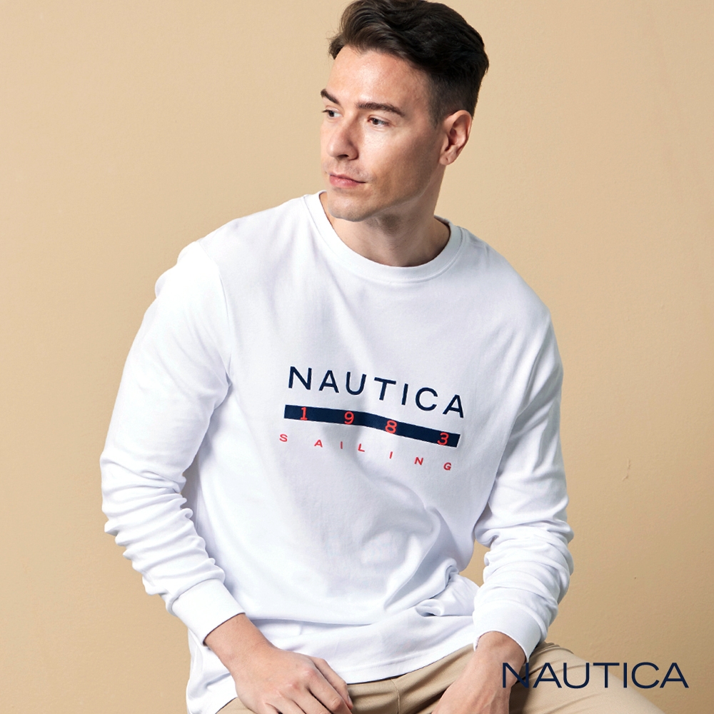 Nautica 男裝 經典品牌LOGO印花長袖T恤-白