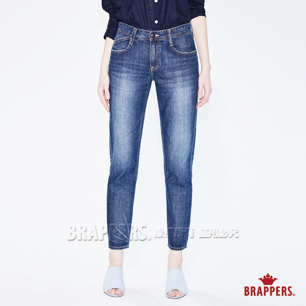 BRAPPERS 女款 Boy friend 系列-中低腰全棉素面八分褲-藍